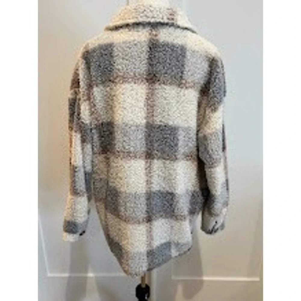 Women's Muted‎ Plaid Sherpa Fleece Shacket Jacket Button Down Cozy Warm Large